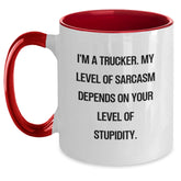Funny Trucker Gifts from Friends, Unique Christmas Unique Gifts for Trucker, Two Tone Coffee Mug, I'm A Trucker My Sarcasm Depends On Your Level Of Stupidity - Main